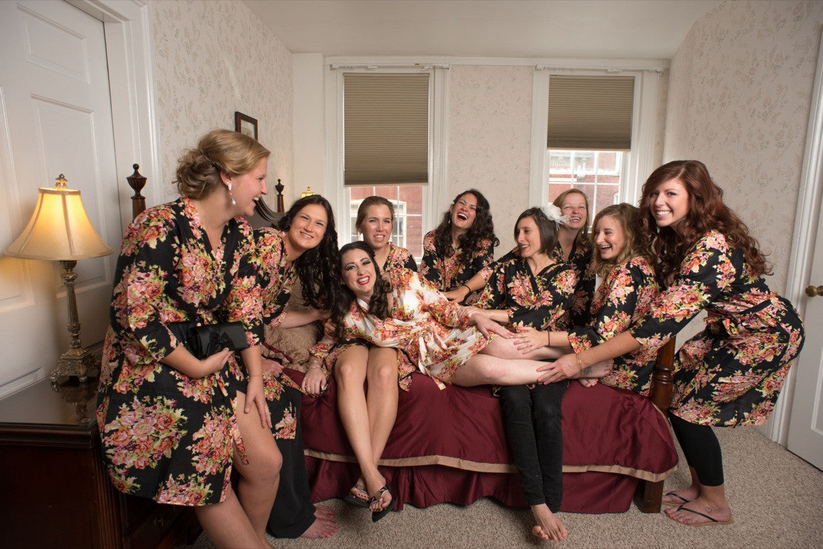 Black Floral Posy Robes for bridesmaids | Getting Ready Bridal Robes