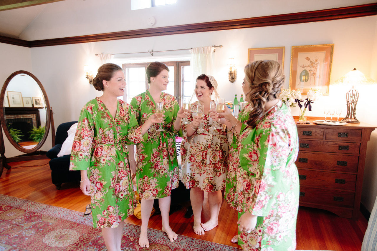 Green Rosy Red Posy Robes for bridesmaids