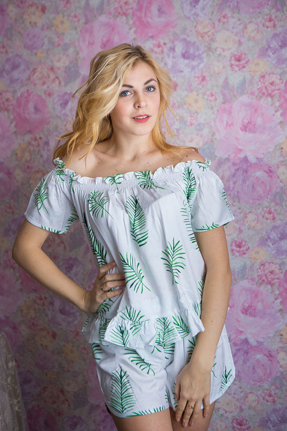 Off-Shoulder Style PJs in Tropical Delight Palm Leaves Pattern