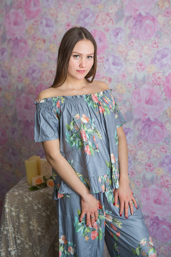 Silver, Gray and Teal Wedding Color Long PJs in Off-Shoulder Style in Smiling Blooms Pattern