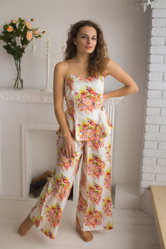 Strapless Style Long PJs in Floral Posy Pattern 