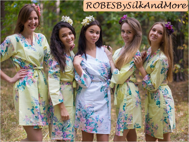 Light Yellow Blooming Flowers pattered Robes for bridesmaids | Getting Ready Bridal Robes