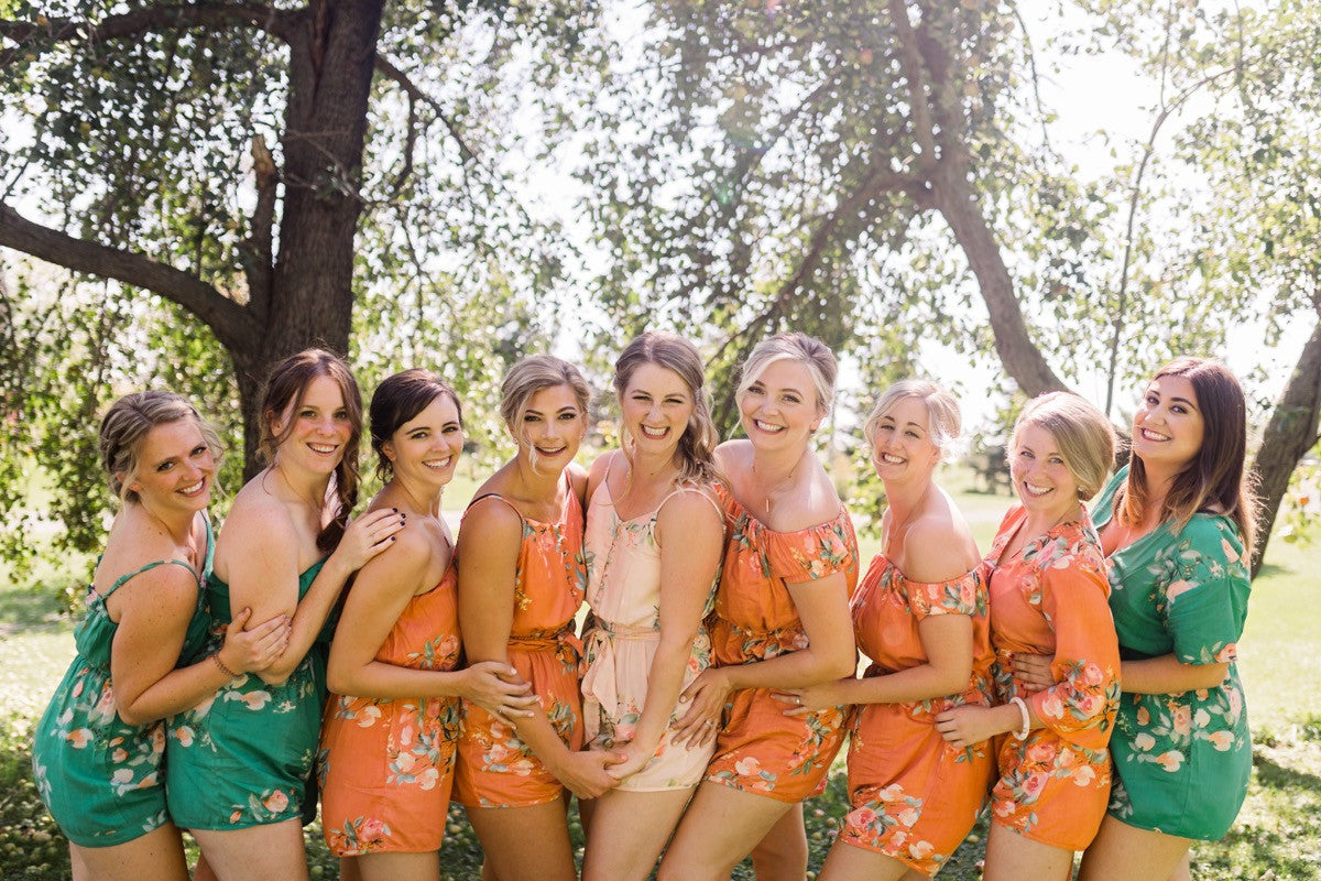 Copper, Teal and Blush Mismatched Styles Bridesmaids Rompers in Dreamy Angel Song Pattern