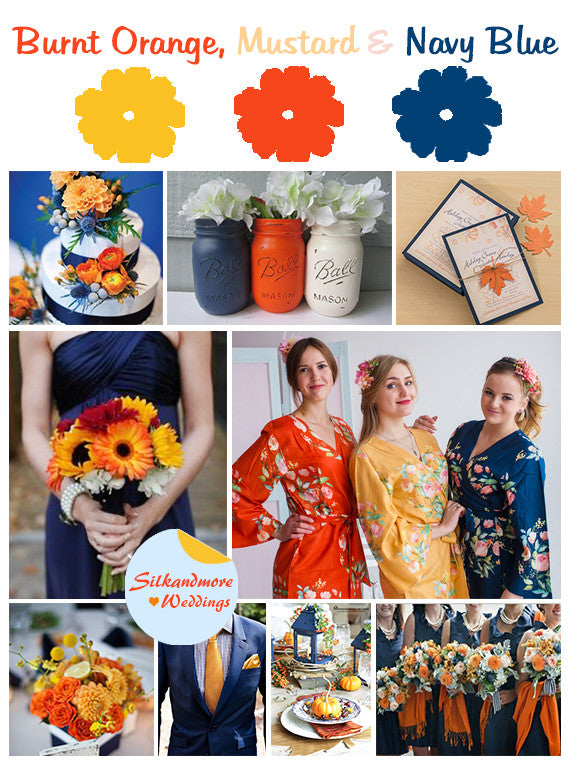 navy and orange bridesmaid dresses Mustard, Burnt Orange and Navy Blue Wedding Colors Palette robesbysilkandmore