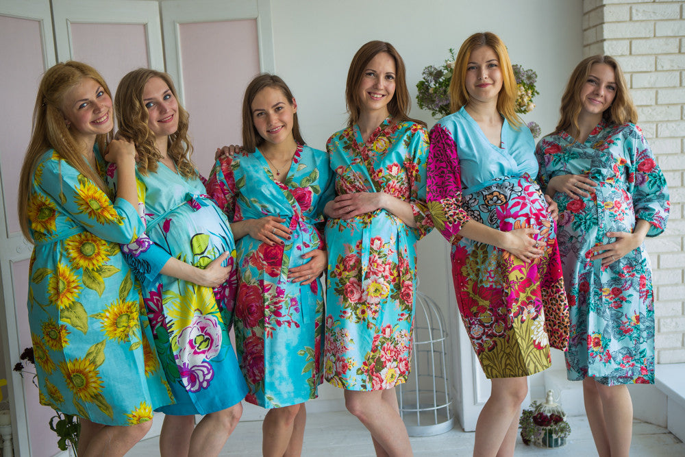 Mommies in Turquoise Blue Floral Robes