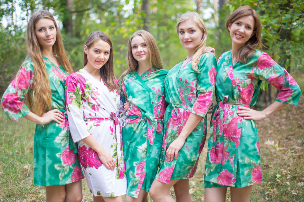 Emerald Green Large Fuchsia Floral Blossoms Robes for bridesmaids | Getting Ready Bridesmaids Robes