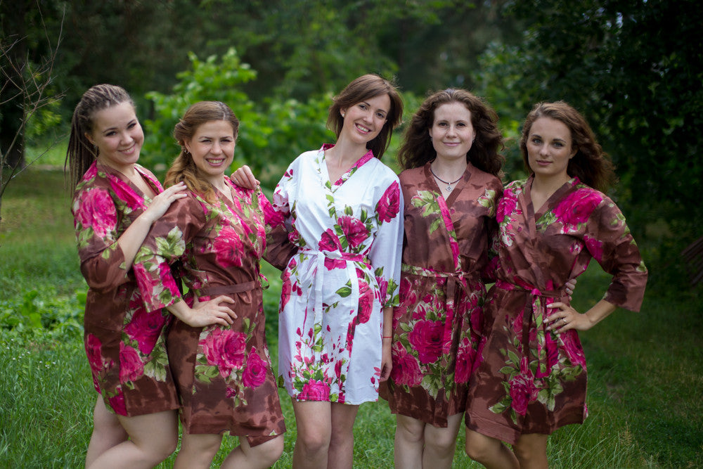Brown Large Fuchsia Floral Blossoms Robes for bridesmaids | Getting Ready Bridal Robes
