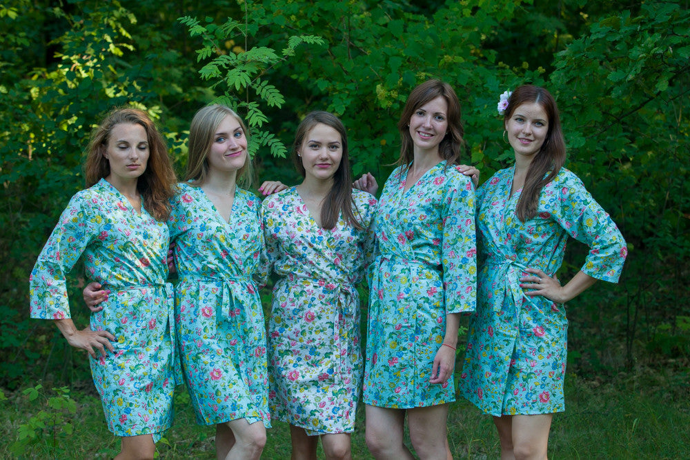 Light Blue Happy Flowers pattered Robes for bridesmaids | Getting Ready Bridal Robes