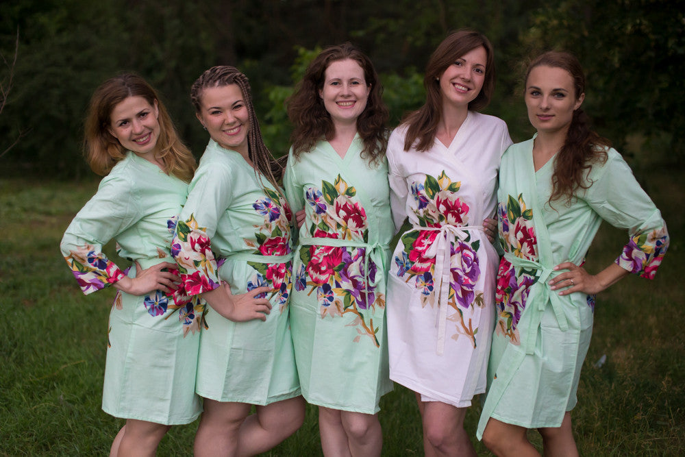 Mint One long flower pattered Robes for bridesmaids | Getting Ready Bridal Robes