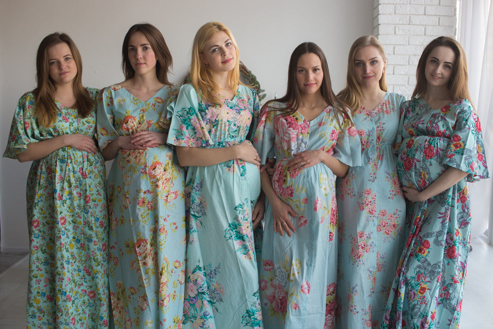 Mommies in Light Blue Maternity Caftans