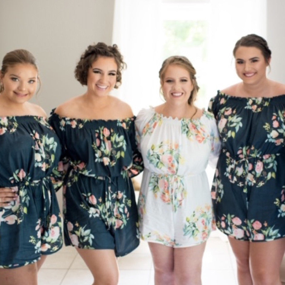 Blueberry Blue Off the shoulder Style Bridesmaids Rompers in Dreamy Angel Song Pattern