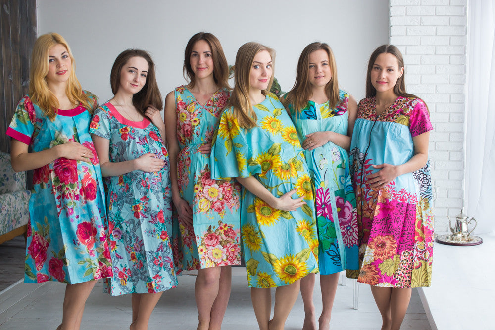 Turquoise Blue Floral Birthing Gowns