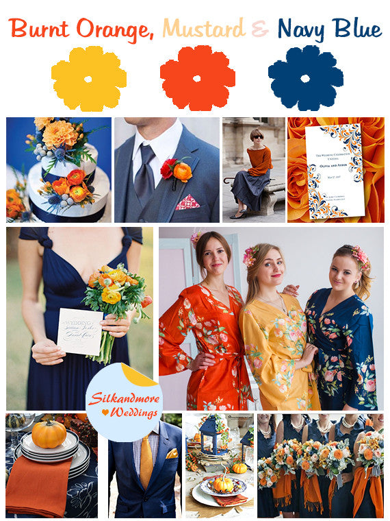 Mustard, Burnt Orange and Navy Blue Wedding Colors Palette robesbysilkandmore Mustard, Burnt Orange and Navy Blue Wedding Colors Palette robesbysilkandmore