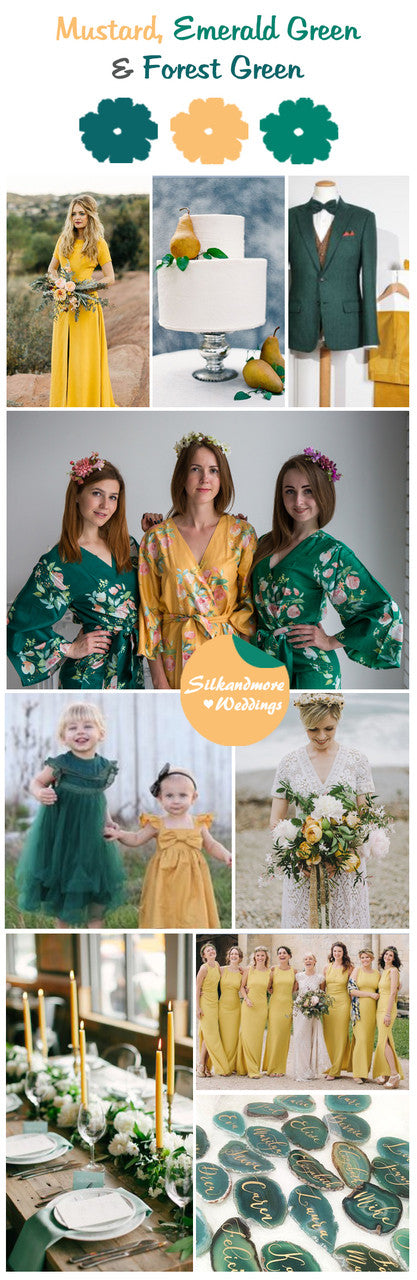 Mustard, Emerald Green and Forest Green Wedding Color Palette robesbysilkandmore Mustard, Emerald Green and Forest Green Wedding Color Palette robesbysilkandmore