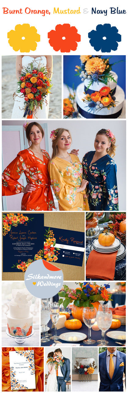 Mustard, Burnt Orange and Navy Blue Wedding Colors Palette – robesbysilkandmore