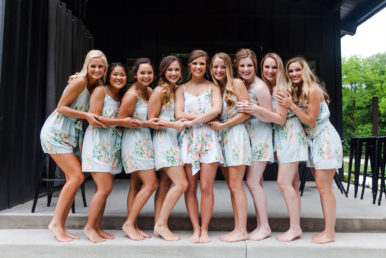 Light Blue Belted Slip Style Bridesmaids Rompers in Dreamy Angel Song Pattern