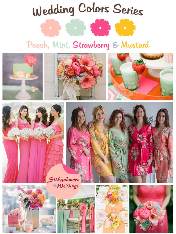 Peach, Mint, Strawberry and Mustard Wedding Color Palette robesbysilkandmore Peach, Mint, Strawberry and Mustard Wedding Color Palette robesbysilkandmore