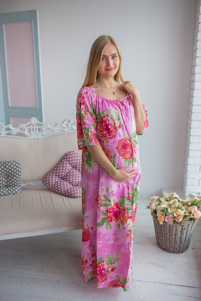 Mommies in Dark Pink Floral Night Gowns