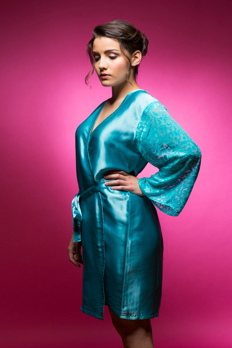 Turquoise Luxurious Silk Robe with Silk Chiffon Devore Sleeves