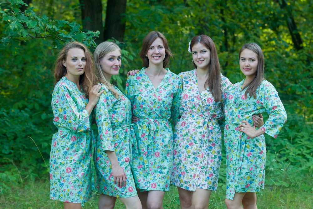 Mint Happy Flowers pattered Robes for bridesmaids | Getting Ready Bridal Robes