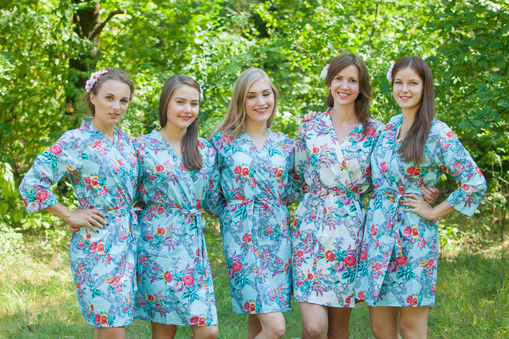 Light Blue Cute Bows pattered Robes for bridesmaids | Getting Ready Bridal Robes
