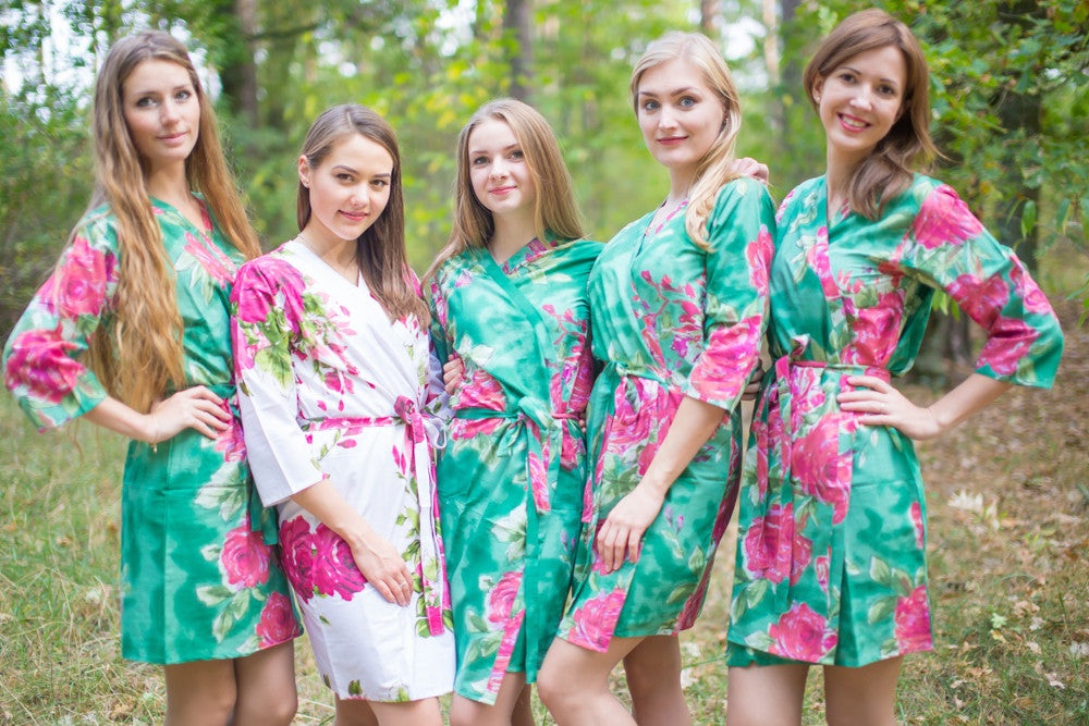 Emerald Green Large Fuchsia Floral Blossoms Robes for bridesmaids | Getting Ready Bridesmaids Robes