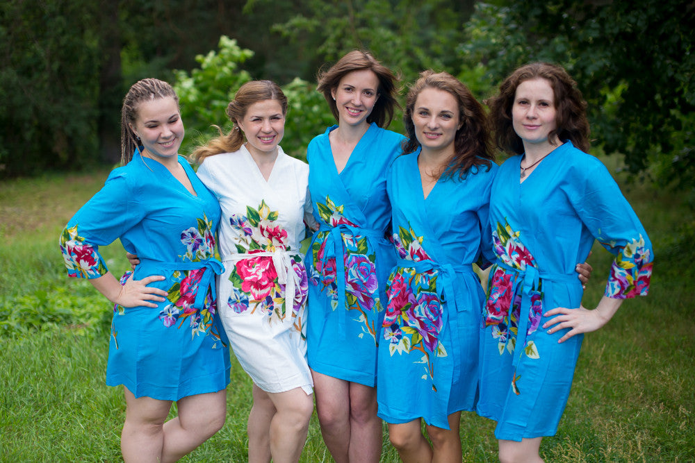 Blue One long flower pattered Robes for bridesmaids | Getting Ready Bridal Robes