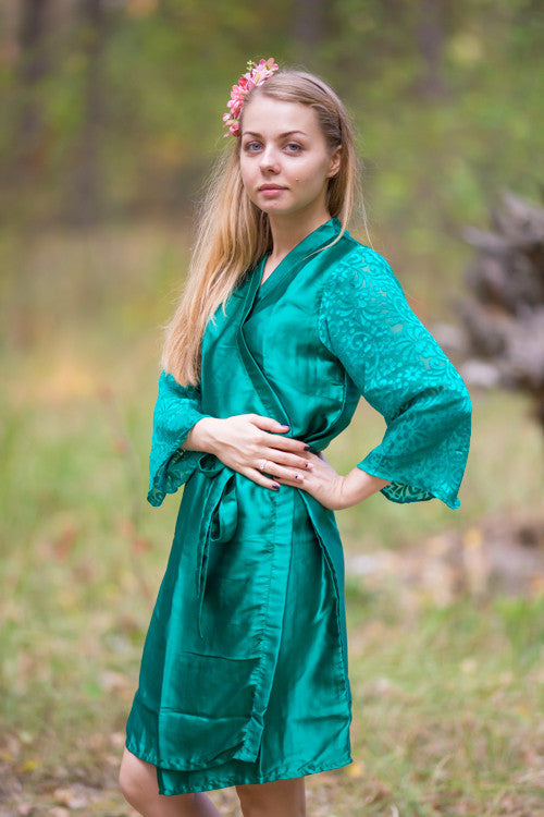 Dark Green Luxurious Silk Robe with Silk Chiffon Devore Sleeves