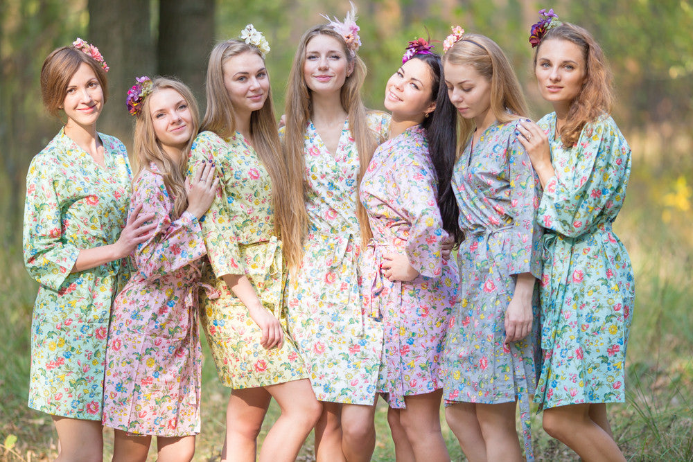 Mismatched Happy Flowers Robes in soft tones