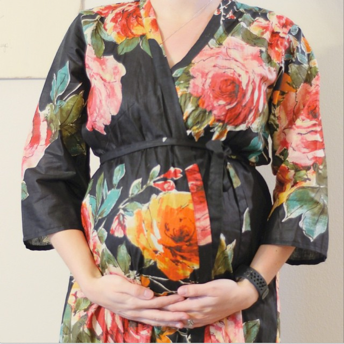 Black Large Floral Blossom Knee length Maternity Robe