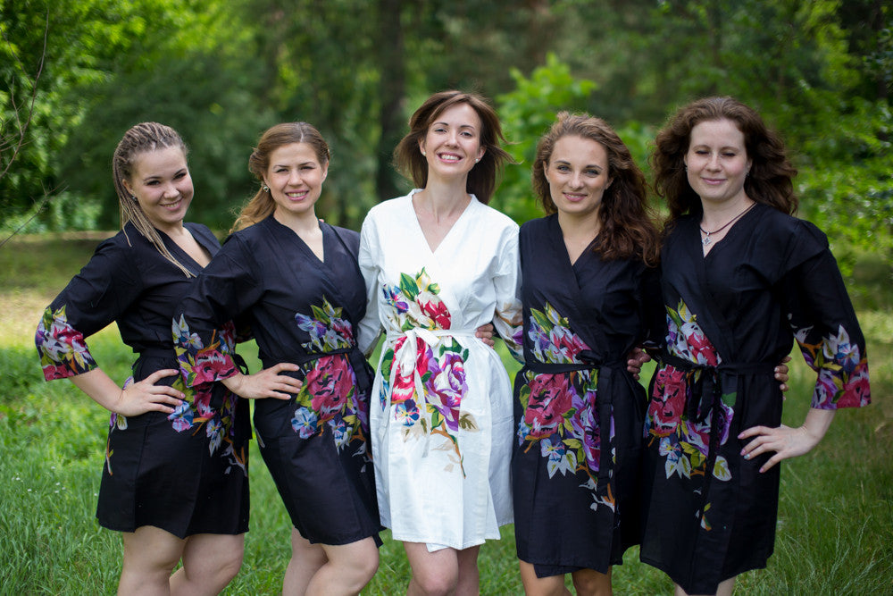 Black One long flower pattered Robes for bridesmaids | Getting Ready Bridal Robes
