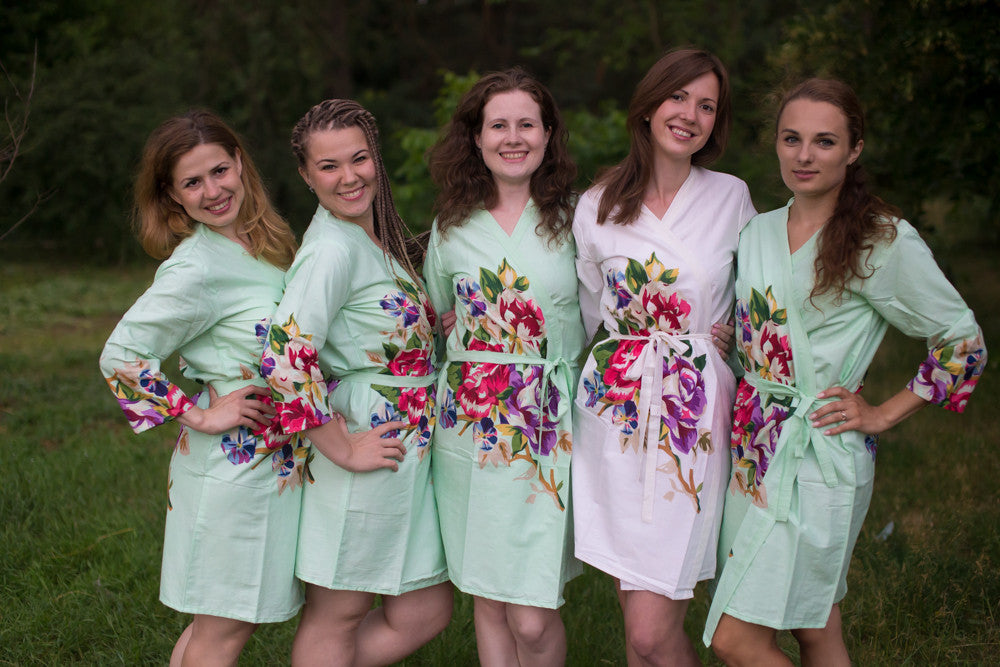 Mint One long flower pattered Robes for bridesmaids | Getting Ready Bridal Robes