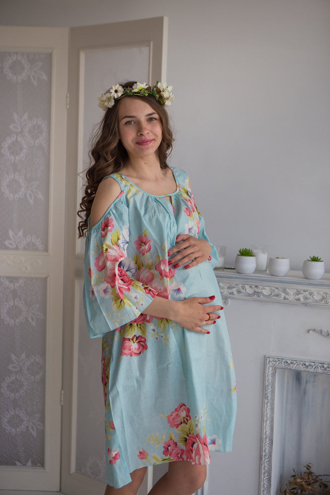Mommies in Light Blue Floral Shift Dresses 