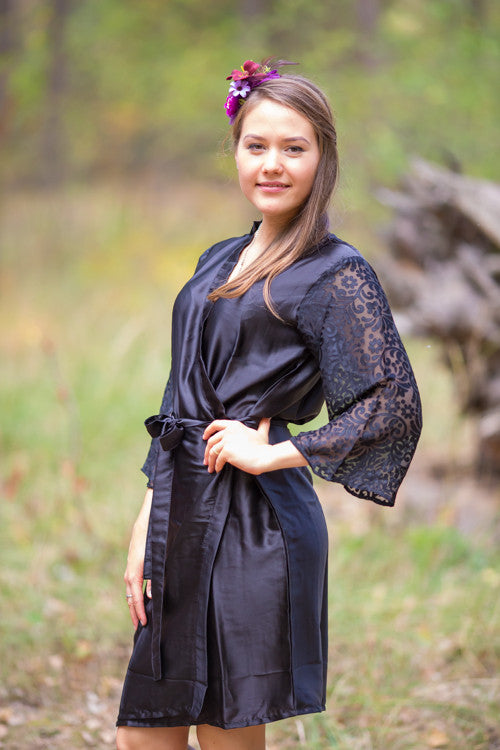 Black Luxurious Silk Robe with Silk Chiffon Devore Sleeves