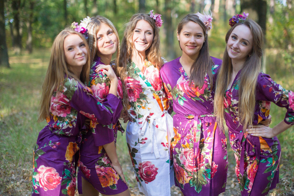 Eggplant Large Floral Blossom Robes for bridesmaids | Getting Ready Bridal Robes