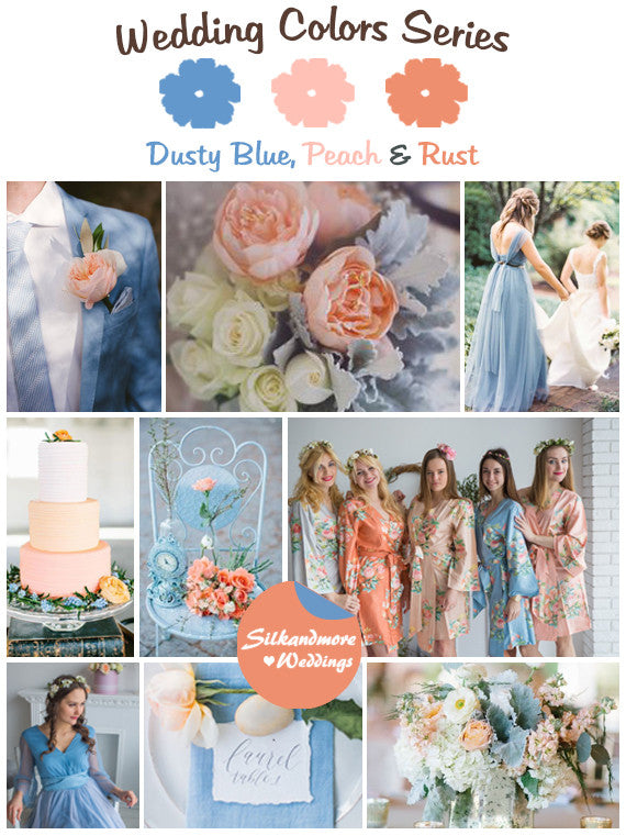 Dusty Blue, Peach and Rust Wedding Color Palette robesbysilkandmore Dusty Blue, Peach and Rust Wedding Color Palette robesbysilkandmore
