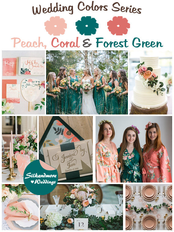 Peach, Coral and Forest Green Wedding Color Palette robesbysilkandmore Peach, Coral and Forest Green Wedding Color Palette robesbysilkandmore