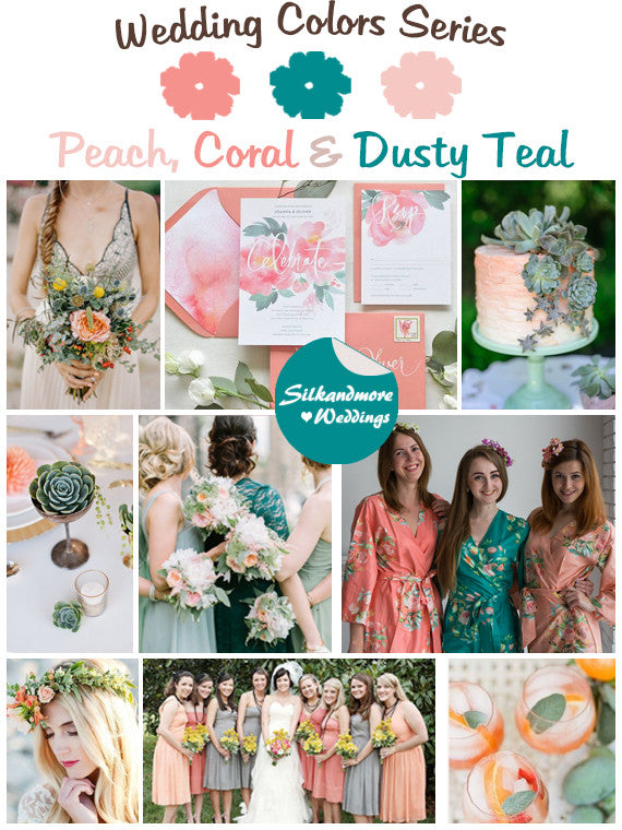 Peach, Coral and Dusty Teal Wedding Color Palette robesbysilkandmore Peach, Coral and Dusty Teal Wedding Color Palette robesbysilkandmore