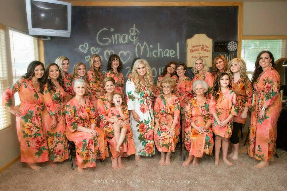  Large Floral Blossom Bridesmaids Robes in Coral