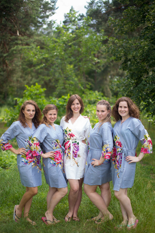 Silver Gray One long flower pattered Robes for bridesmaids | Getting Ready Bridal Robes