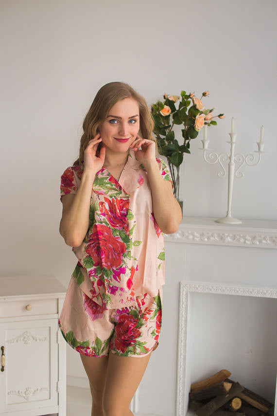 Notched Collar Style Pj Sets in Blush in Fuchsia Large Floral Blossom fabric Pattern 