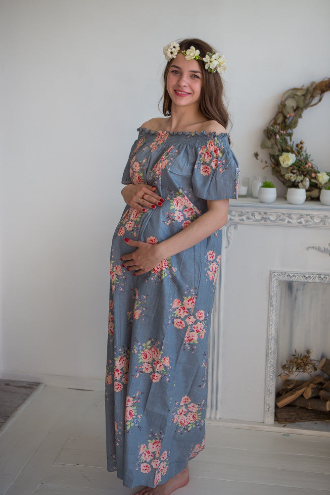 Mommies in Gray Floral Maxi Dresses 