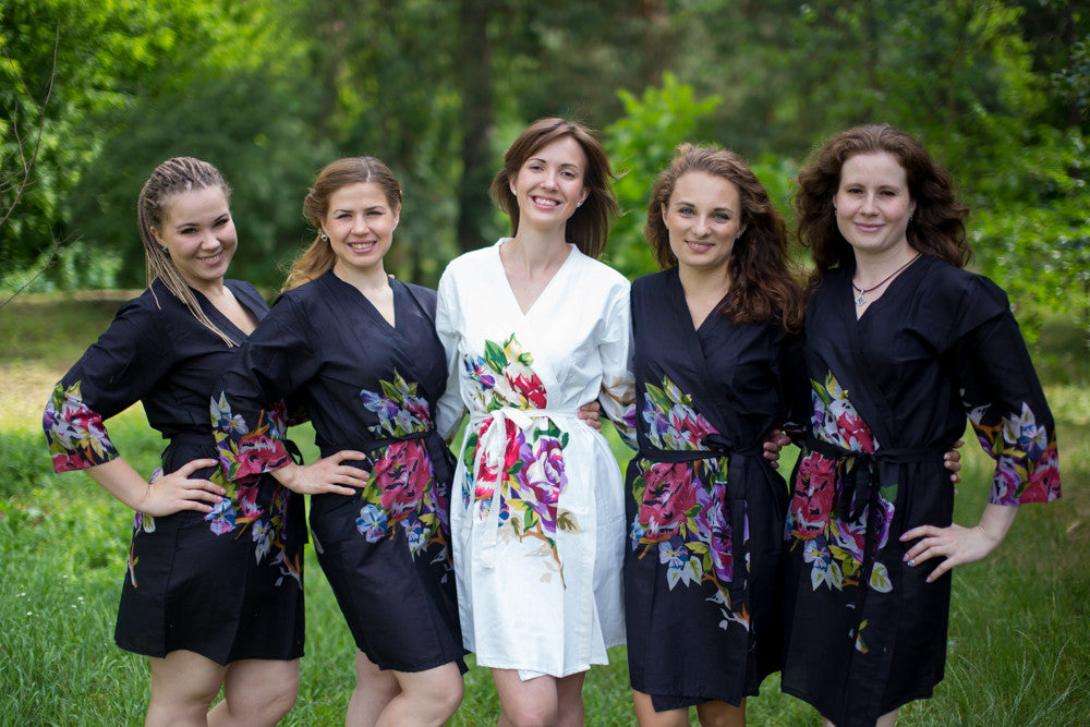 Black One long flower pattered Robes for bridesmaids | Getting Ready Bridal Robes