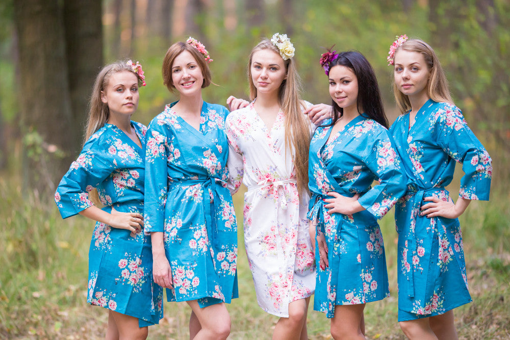 Peacock Blue Faded Floral Robes for bridesmaids