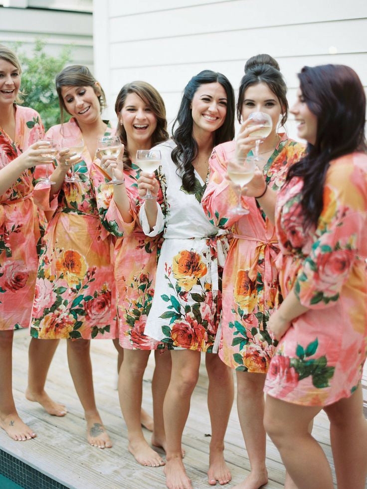  Large Floral Blossom Bridesmaids Robes in Coral