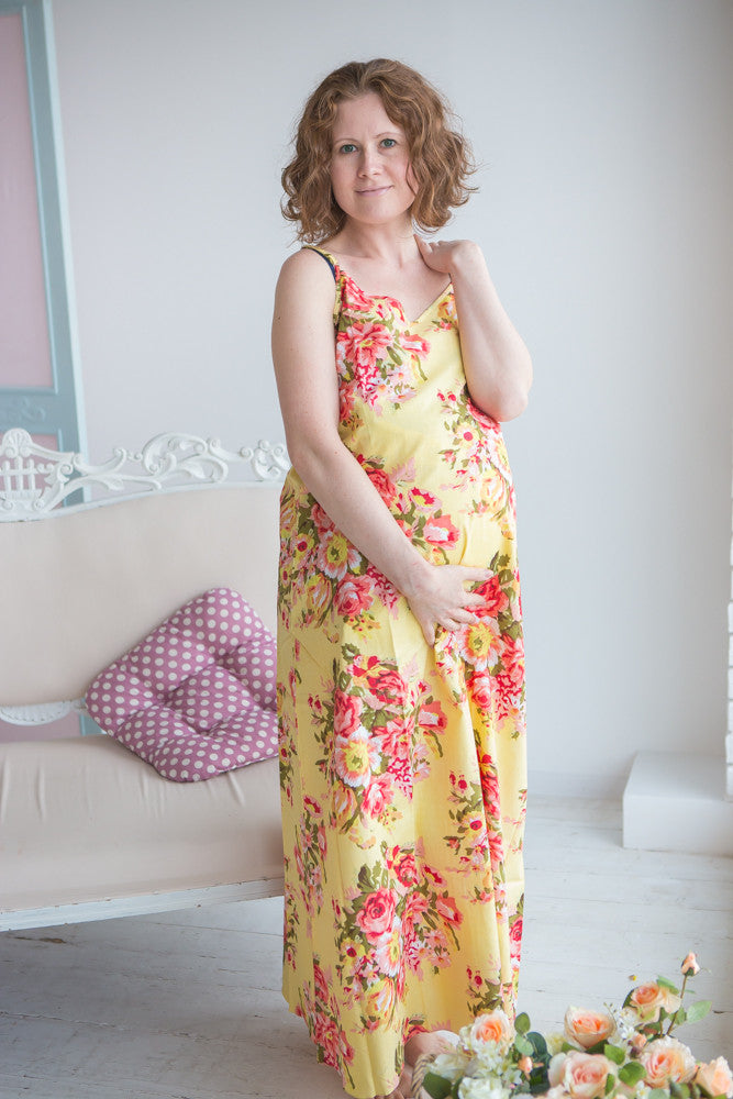 Mommies in Light yellow Floral Night Gowns