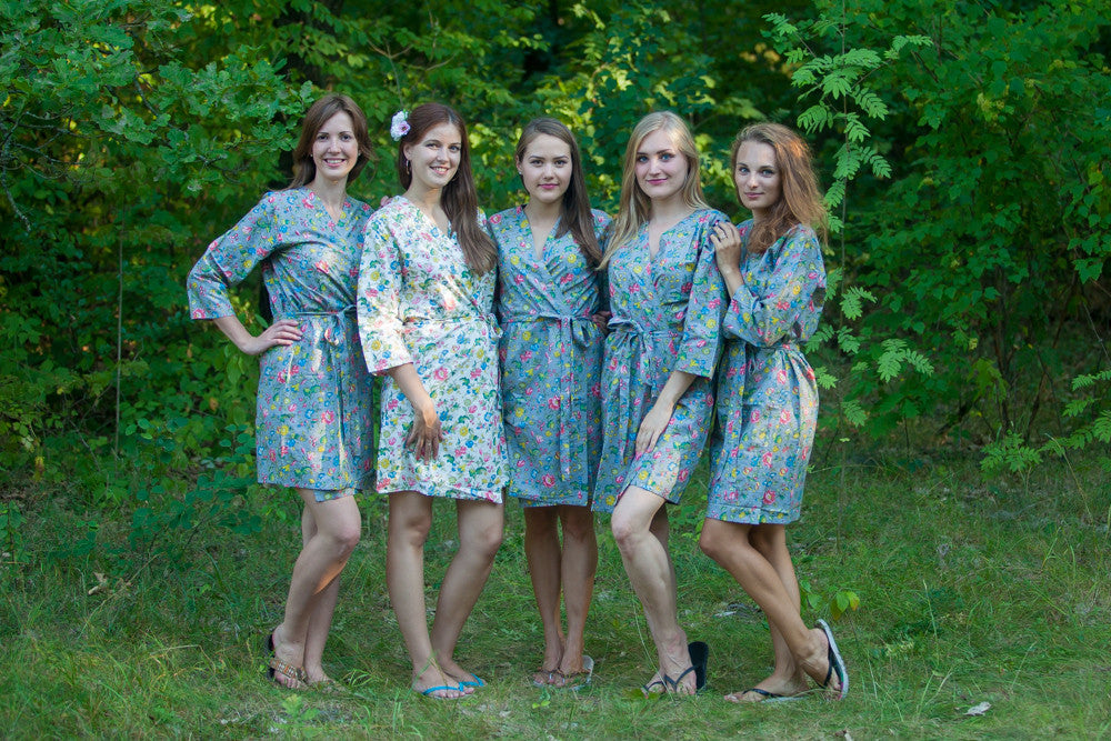 Gray Happy Flowers pattered Robes for bridesmaids | Getting Ready Bridal Robes