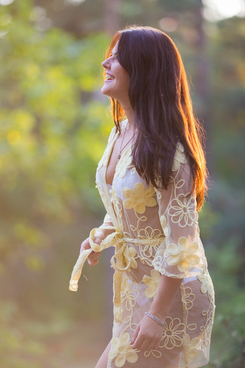 Oh Kim Light Yellow Floral Lace Bridal Boudoir Robe