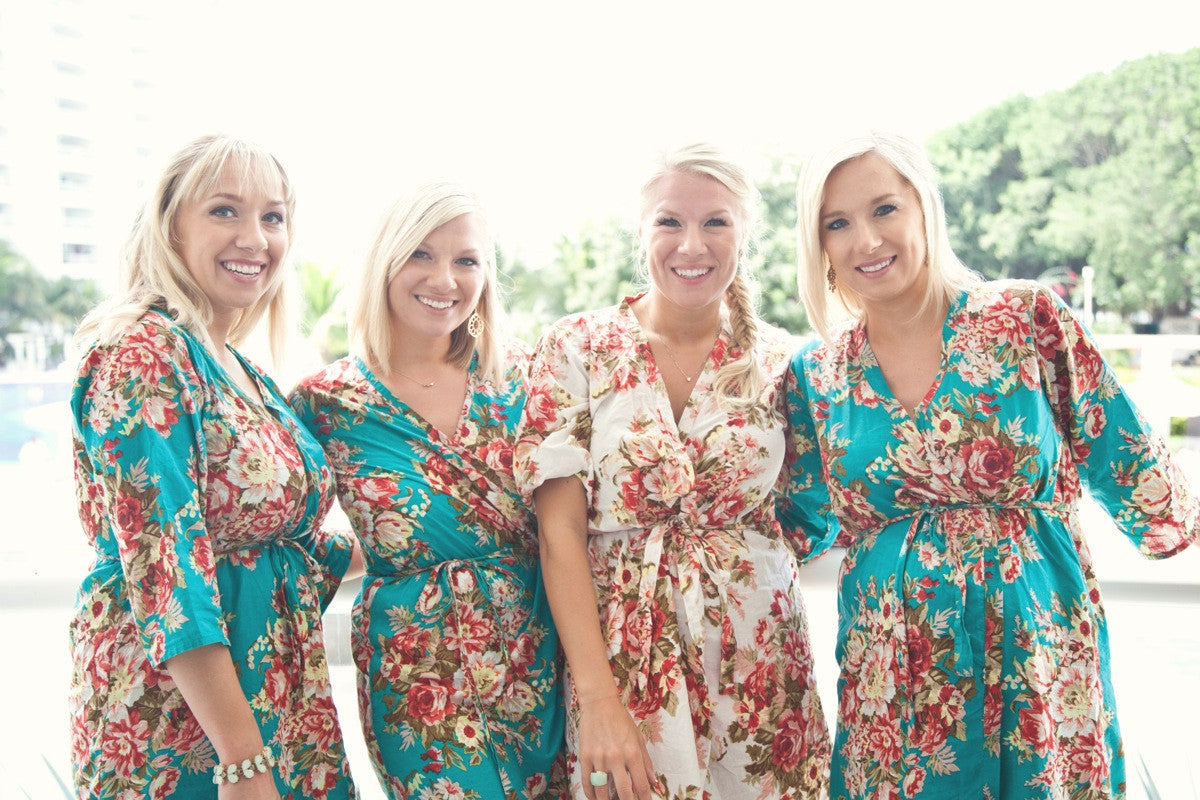 Teal Rosy Red Posy Robes for bridesmaids