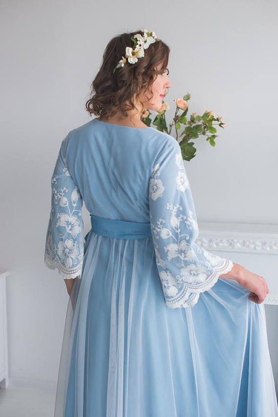 Bridal Robe from my Paris Inspirations Collection - Statement Sleeves in Dusty Blue Floral Scalloped